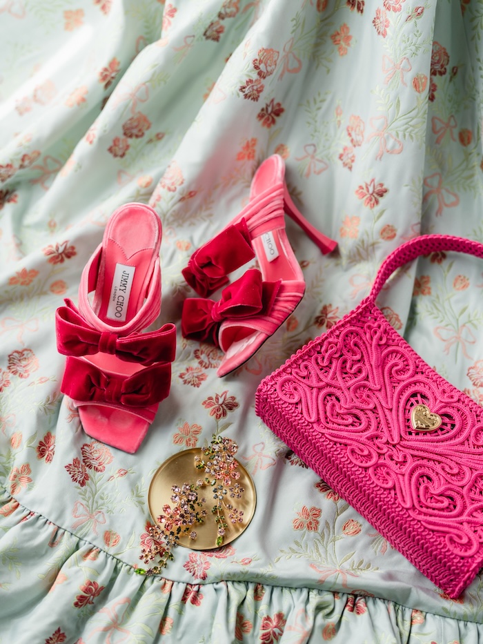 Jimmy Choo shoes, Dolce & Gabbana bag and Oscar de la Renta earrings styled by Sam Ruiz — San Ysidro Ranch, Santa Barbara