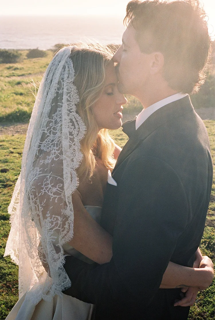 Lihi Hod bridal gown with lace veil styled by Sam Ruiz — Sea Ranch Lodge, California